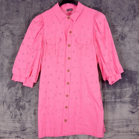 Vince Camuto Dresses & Skirts - Vince Camuto Dress Womens 14 Pink Eyelet Button Front Cotton Shirt Puff Sleeve